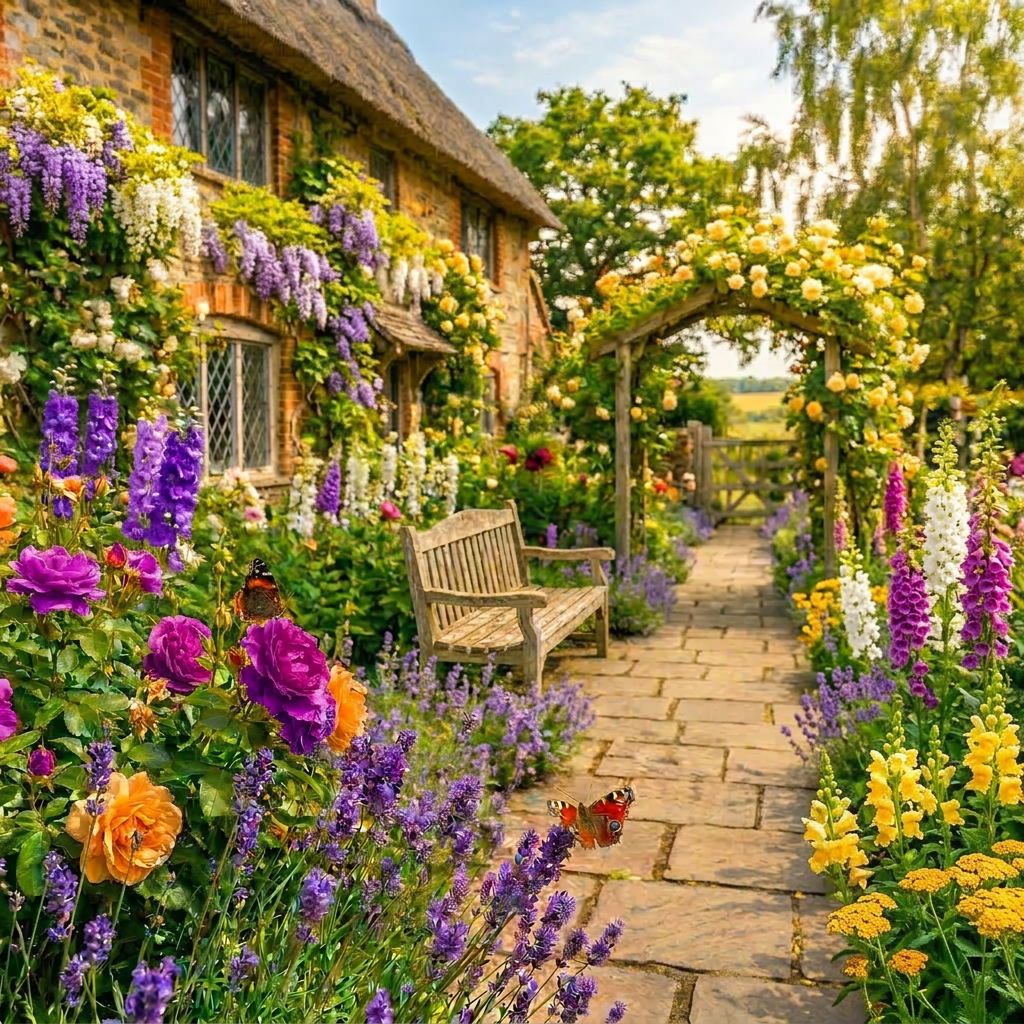 Butterflies flying over vibrant flowers along a stone path in a cottage garden